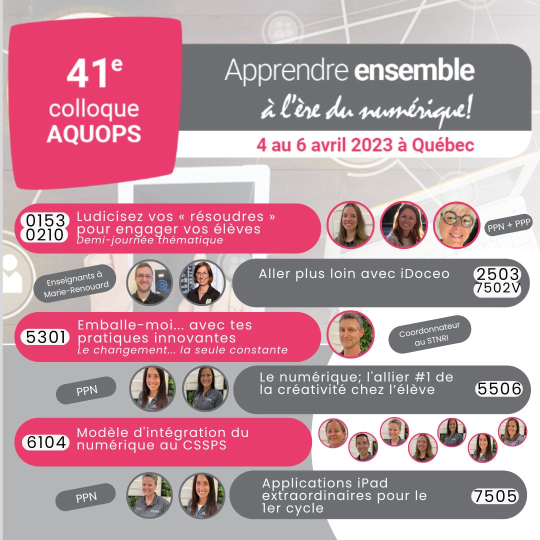 Plusieurs membres du personnel du <a href="/cssdps/">CSSDPS</a> animeront des ateliers diversifiés à l'#AQUOPS. Un bravo tout particulier à Charles Gagnon et Mélanie Bernier, enseignants en concentration Patin artisTIC et InformaTIC à l'école Marie-Renouard, qui se lancent dans l'animation! #cssps