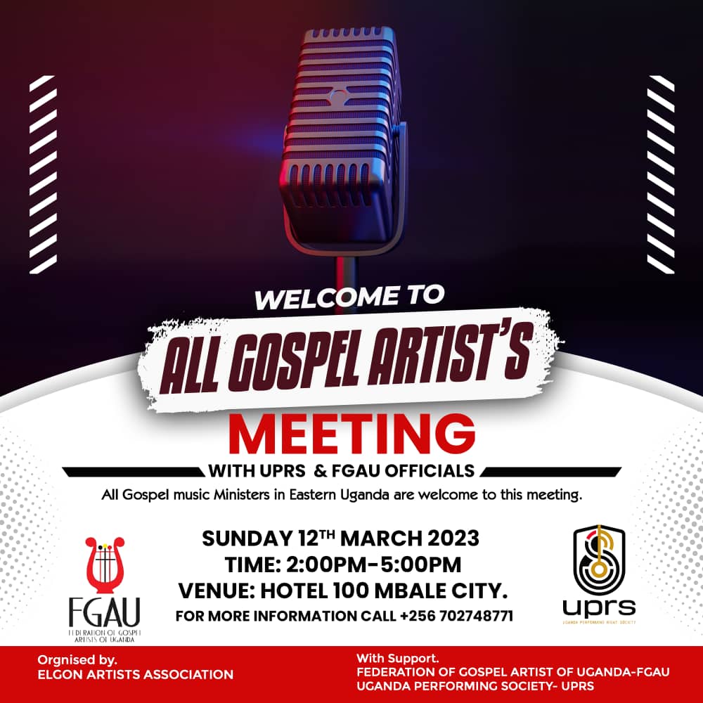 _FGAU's tweet photo. To all Gospel #Artists in Eastern Region (Mbale, Manafwa, Bukedia Sironko Etc..) we have a #meeting with @UgandaPRS about the #Royalties &amp; Related Issues, we shall share and get every facts and Figures about the matter. 
Invite a friend and please keep time. https://t.co/f7oydb6yVA
