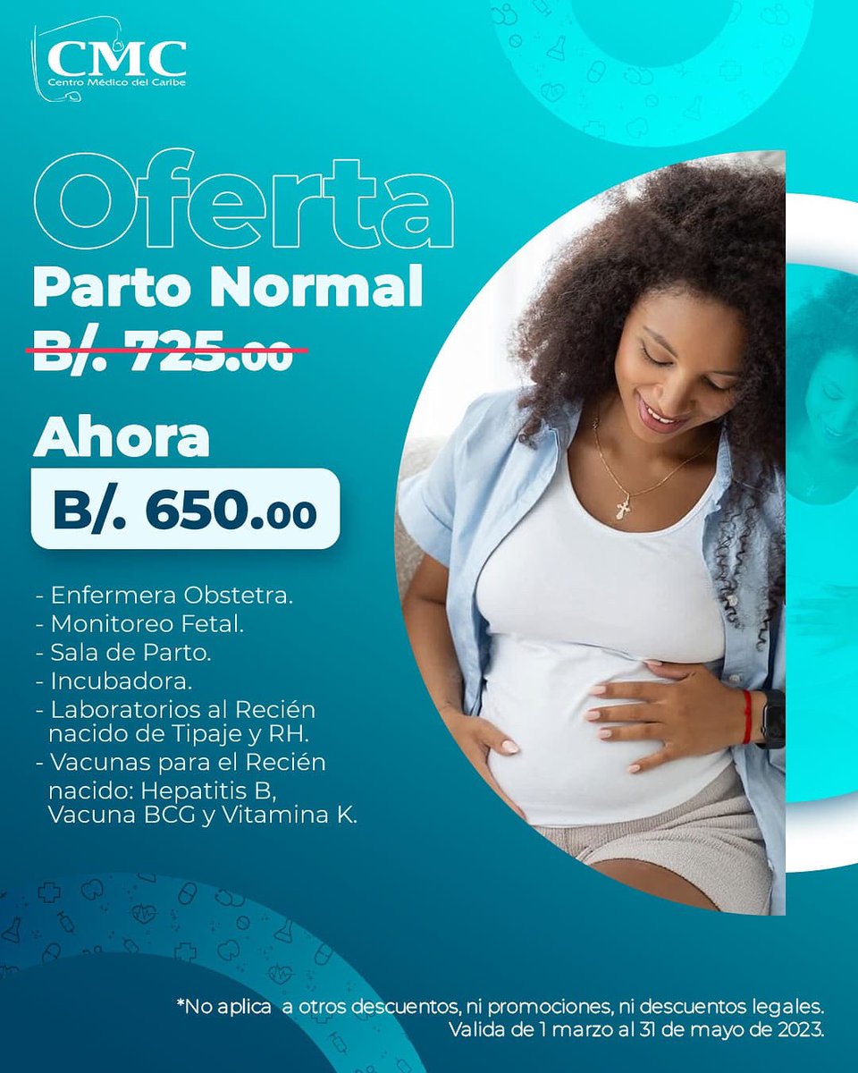 🤰 Contamos con una oferta pensando en ti y en esa llegada especial para tu familia.

🤲 ¡En Centro Médico del Caribe, cuidamos de ti!
👉 Contáctanos hoy mismo y conoce más sobre esta gran oferta, válida del 1 de marzo al 31 de mayo 2023.

📞 (507) 441-4420
📲 6349-3145