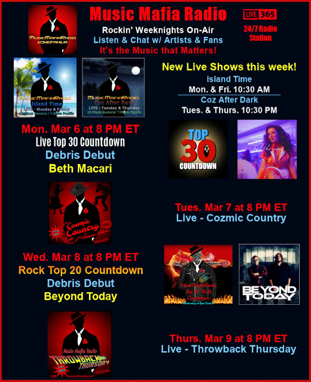 New LIVE shows this week! #IslandTime Mon & Fri 10:30am #CozAfterDark Tue & Thu 10:30pm M 8pm ET - Top 30 #DebrisDebut @BethMacari T 8pm - #CozmicCountry! W 8pm - Rock Top20 #DebrisDebut @beyondtodayband Th 8pm - #ThrowbackThurscay! 🎧▶️musicmafiaradio.net