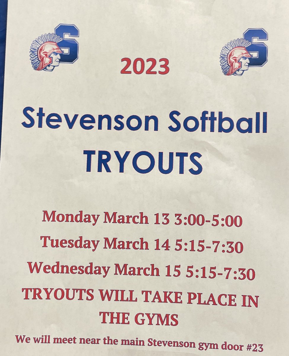 Tryouts are 1 week away!!! 

All three days of tryouts will take place at Stevenson High School in the gyms. Bring a glove, helmet, bat, and a water! 

🥎Monday 3/13: 3-5pm 
🥎Tuesday 3/14: 5:15-7:30pm
🥎Wednesday 3/15: 5:15-7:30pm

See you there! ❤️🥎💙