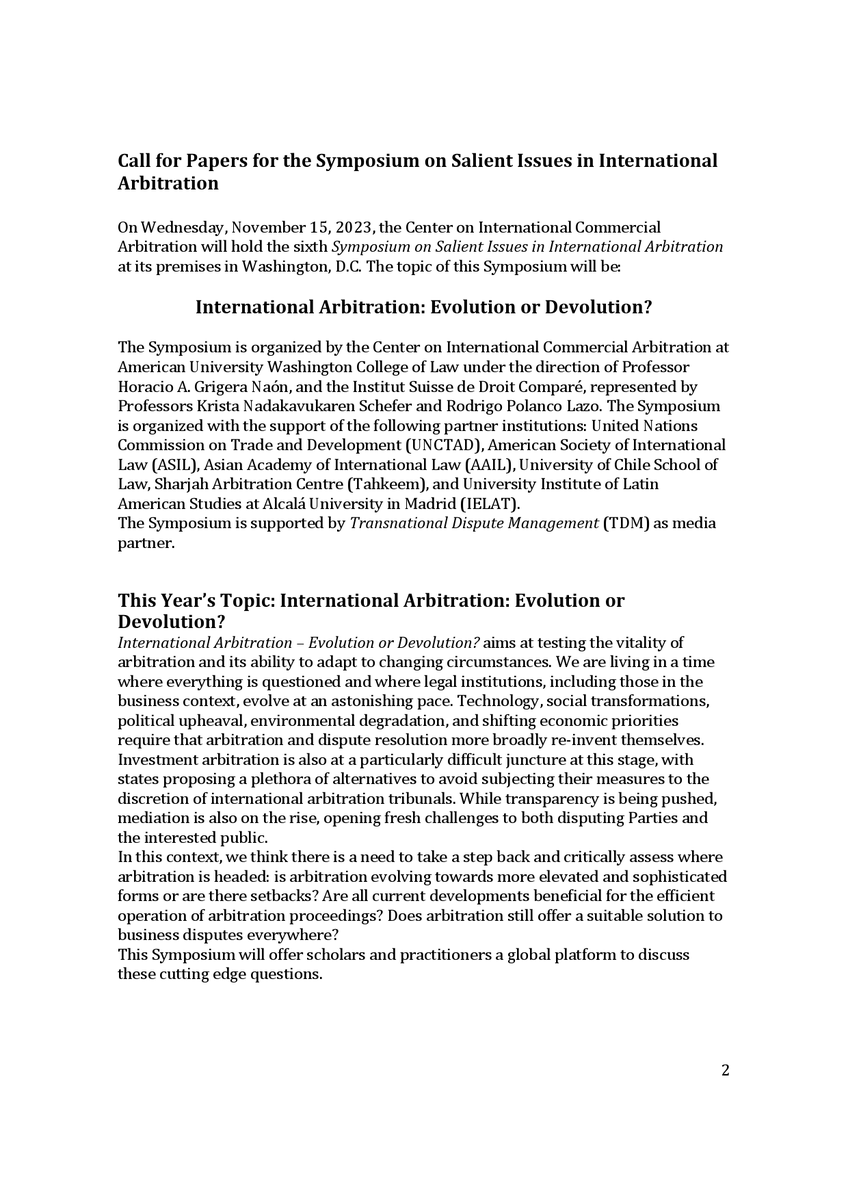 ogeltdm's tweet photo. Symposium on Salient Issues in Int'l #Arbitration: International Arbitration: Evolution or Devolution?
🗓  15 Nov 2023
🌐 Washington, D.C., USA
🔗 https://t.co/TZl40s7dr4

📢Deadline Call for Papers: 15 May 2023

@AUWCL @rpolancolazo @ElKady_Hamed https://t.co/TwUiexfX5b