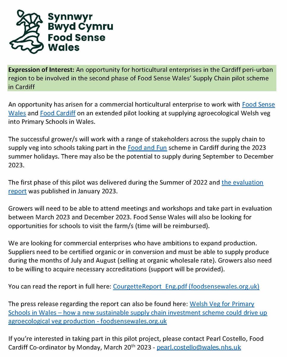 An opportunity for a commercial horticultural enterprise to work with <a href="/foodsensewales/">Food Sense Wales / Synnwyr Bwyd Cymru</a> and Food Cardiff on an extended pilot looking at supplying agroecological Welsh veg into Primary Schools in Wales. If you’re interested, please contact pearl.costello@wales.nhs.uk by 20th March