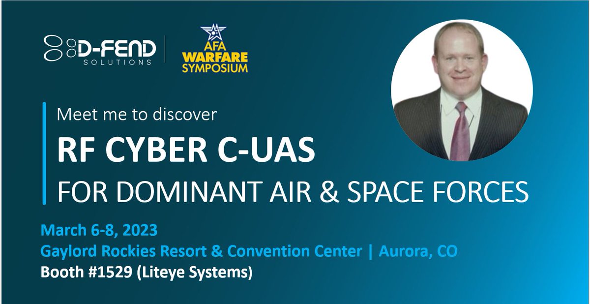 The AFA Warfare Symposium in Aurora, CO is underway (March 6-8). Meet <a href="/DFendSolutions/">D-Fend Solutions</a> at Liteye Systems booth 1529 to learn about the advantages Next-Gen RF Cyber #CounterDrone takeover technology provides for advancing airspace safety protection against rogue drones.