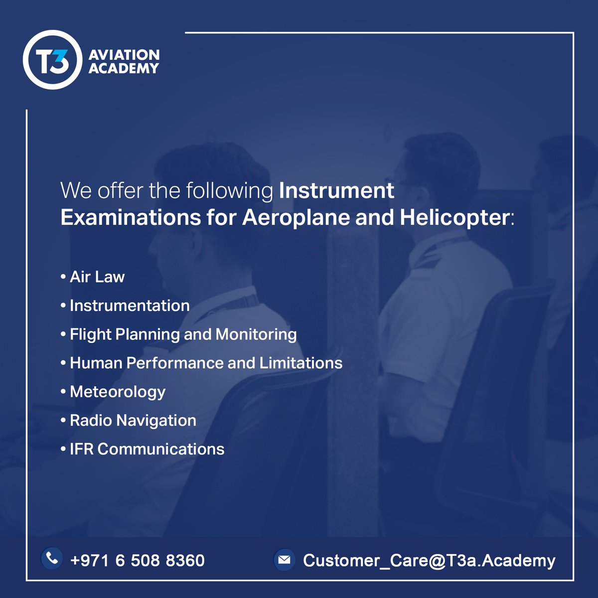 Our state-of-the-art GCAA-approved Examination Centre is highly conducive to focusing and concentrating for your exams.

Contact Customer_Care@T3a.Academy for more information.

#GCAA #Examination #Aeroplane #Helicopter #AirLaw #Flight #Radio #Navigation #Meteorology