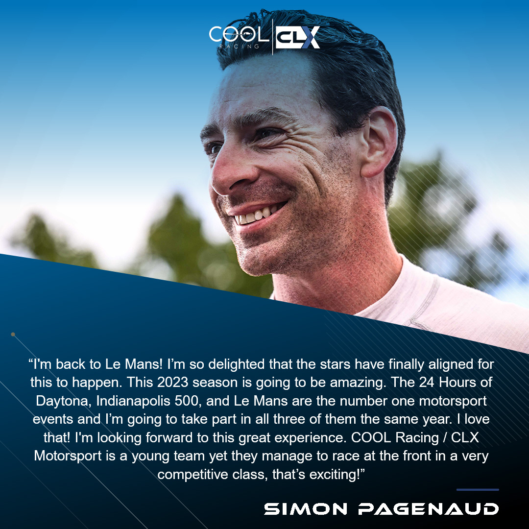 COOL Racing (@COOLRacing) on Twitter photo 2023-03-07 17:00:01 . @simonpagenaud will join the team for #LEMANS24! The French will bring his skills and talents as #Indy500 winner & #IndyCar champion. He will share the #47 with Reshad De Gérus and Vladislav Lomko. Full press release => bit.ly/3FntBOD #COOLRacing . @simonpagenaud will join the team for #LEMANS24! The French will bring his skills and talents as #Indy500 winner & #IndyCar champion. He will share the #47 with Reshad De Gérus and Vladislav Lomko. Full press release => bit.ly/3FntBOD #COOLRacing