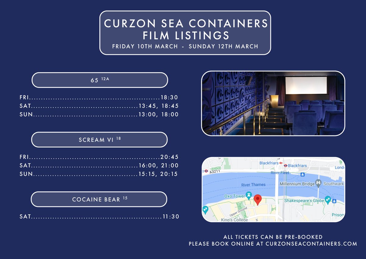 Hello dear guests, here are the listings for the weekend starting 10/03 at Sea Containers🛳️⚓️📽️

Book tickets here: ticketing.eu.veezi.com/sessions/?site…

#cinema #film #secretlondon #marceltheshell #marceltheshellwithshoeson #magicmikeslastdance #babylon #tar 
<a href="/CurzonFilm/">Curzon Film</a> <a href="/CurzonCinemas/">Curzon</a>