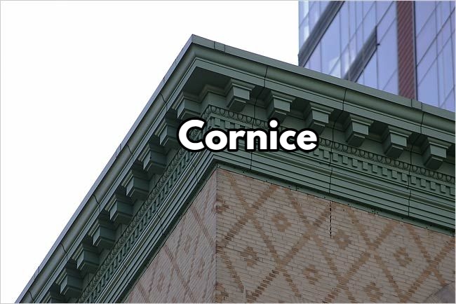 Cornice: the horizontal and projected decorative part at the top of a building.

Dentils: those tiny