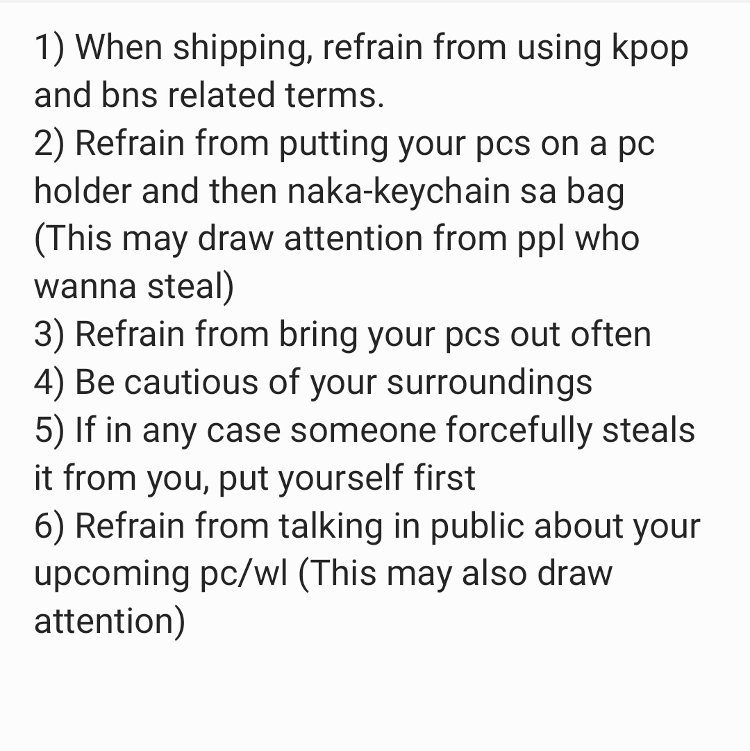sm28__'s tweet photo. Hello! Most of the ppl here in bns know the problem collectors face after THAT episode of K*J*

These are ways to prevent people from stealing your pcs/from eyeing you as their victim :((

Please let me know if I said smthng wrong + if I forgot something. https://t.co/V0jMz4txNy