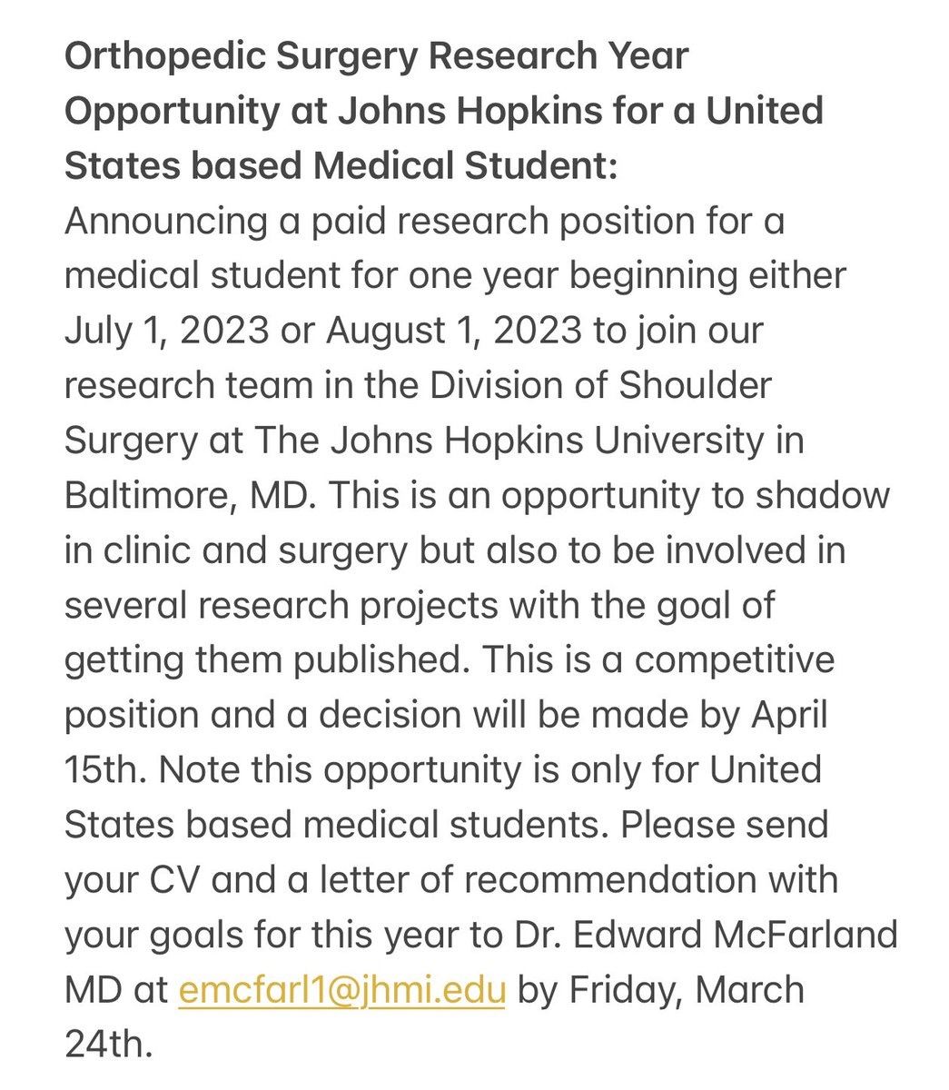 Joel Bervell (@joelbervell) on Twitter photo 2023-03-06 14:44:01 Sending along this orthopedic research year opportunity at Johns Hopkins University for U.S. medical students. #orthotwitter #MedTwitter Sending along this orthopedic research year opportunity at Johns Hopkins University for U.S. medical students. #orthotwitter #MedTwitter