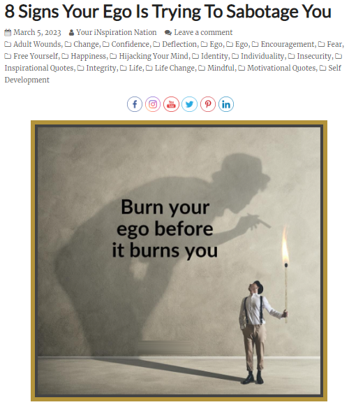 inationtweet's tweet photo. 8 Signs Your Ego Is Trying To Sabotage You
🤷♀️ Read BLOG: https://t.co/ypW2skSLnT
#ego #sabotage #egosabotage #selfjudgment #judgement #selfimage #insecurity #selfdevelopment #mindful #fear #integrity #authenticity https://t.co/v833G3MGPI