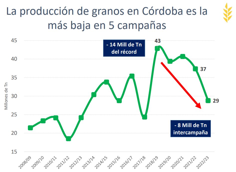 gonzaloagusto's tweet photo. PERDIDAS POR SEQUÍA 

La producción agrícola en Córdoba de la campaña 2022/23 será la más baja en cinco campañas, cayendo 8 millones de toneladas respecto a la campaña anterior

@BCCBA https://t.co/SCHpfSrBL1