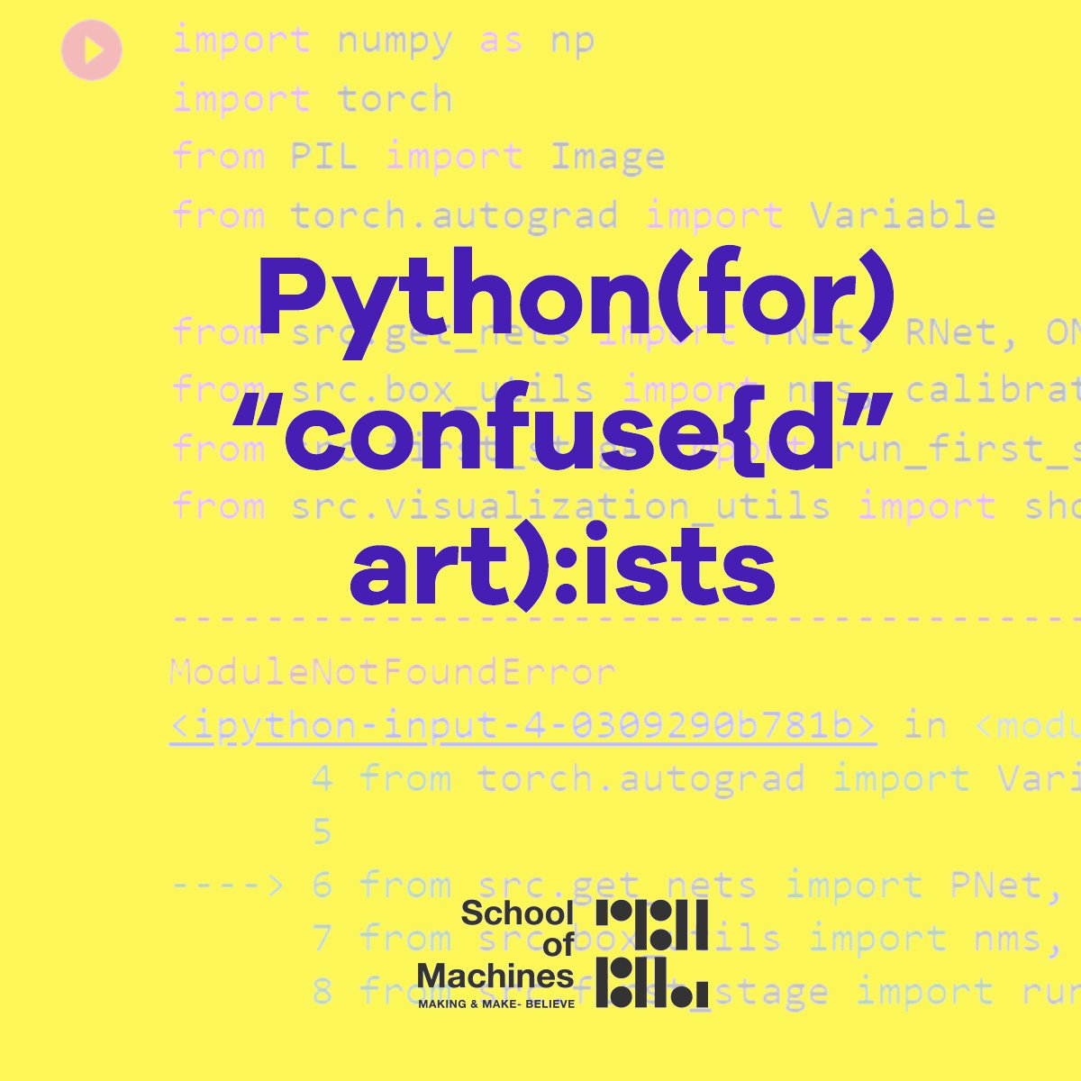 Have you ever created artwork w/google colab &amp; everything works great but next time you open it up, you're confronted w/an error message you have no idea what to do with? If so, our upcoming class, Python(for) “confuse{d” art):ists is for you! schoolofma.org/programs/p/spr…
 #art #tech