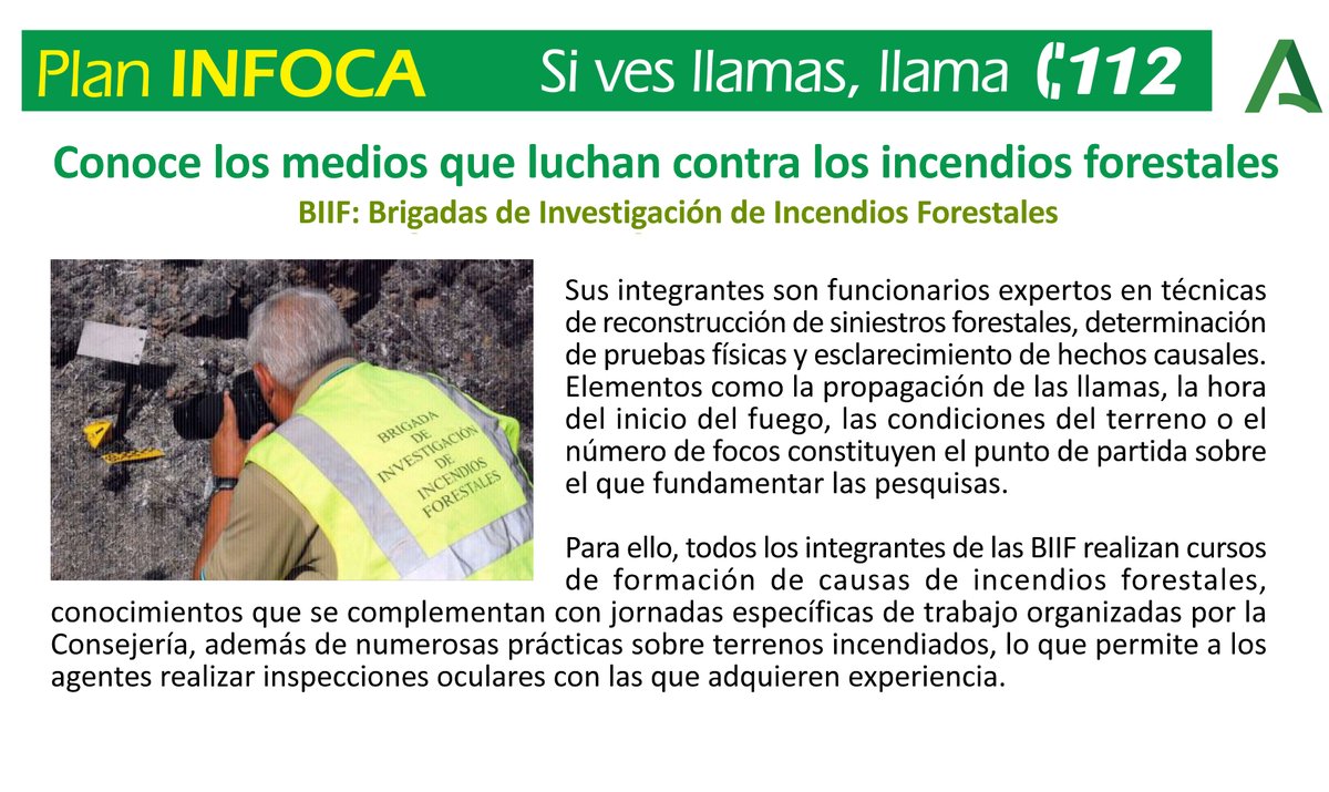 Plan_INFOCA's tweet photo. Los @AAMM_And de la Brigada de Investigación Incendios Forestales (#BIIF) son quienes investigan y realizan el informe técnico (que determina causas y motivación) de los #IIFF. Su trabajo es muy minucioso, primando la discreción hasta que no se aclara cómo se produce el siniestro https://t.co/FPa53yCXhh