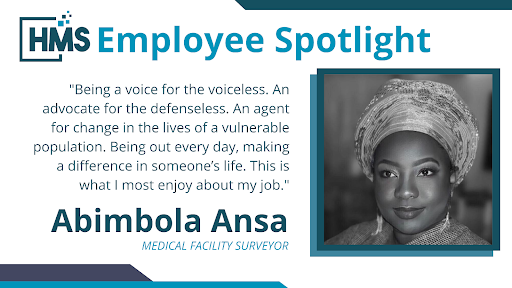 HCMSLLC's tweet photo. #EmployeeSpotlight: “Being a voice for the voiceless. An advocate for the defenseless. An agent for change in the lives of a vulnerable population. Making a difference in someone’s life every day. This is what I most enjoy about my job.” - Abimbola Ansa, Medical Facility Surveyor https://t.co/dTLpFHNvSa