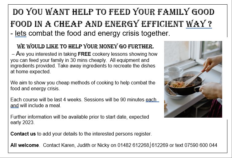 HCCWest's tweet photo. #Drypool. Our second cooking on a budget  course begins tomorrow. Lucky participants will be enjoying Italian cuisine. Contact us for further  information and to register your interest for future courses. Thank you to our partners @emsyorkshire and The Well. Ward Funded. https://t.co/mFMhnjLAMM
