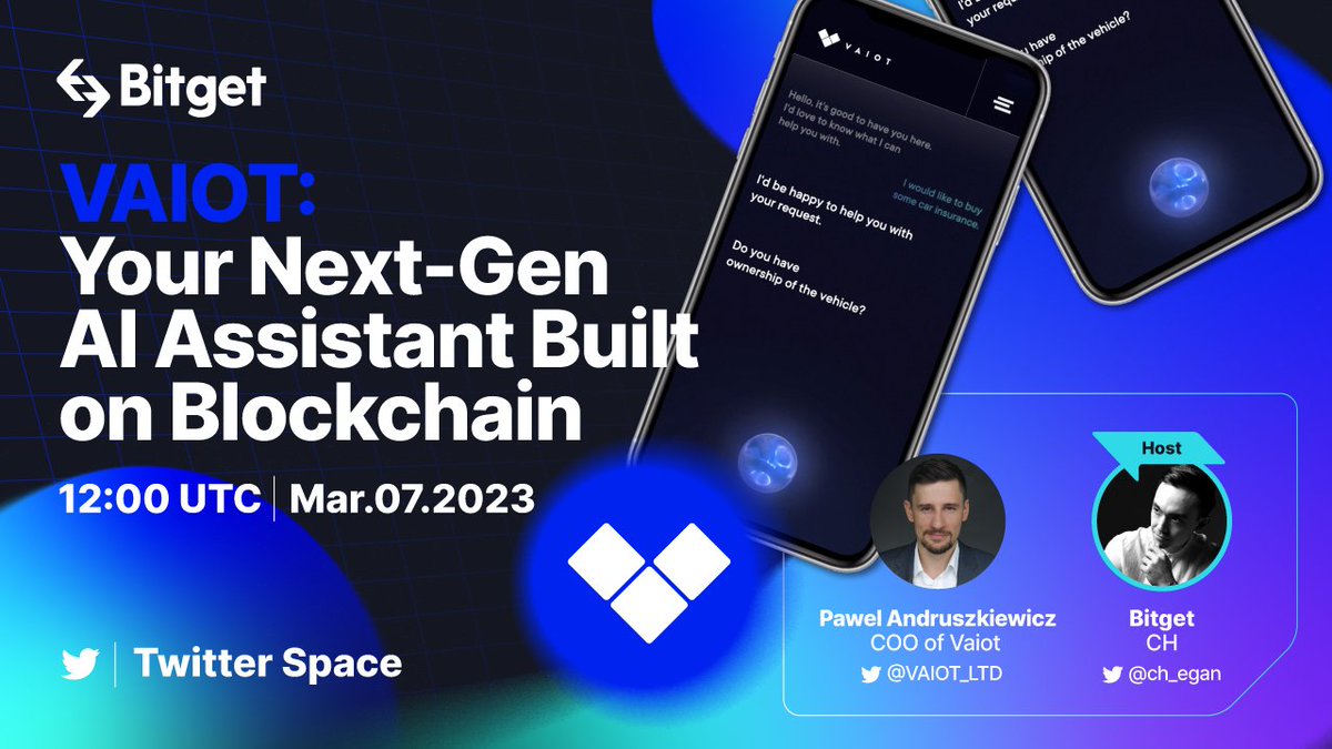 Tune in our next Twitter Space with <a href="/VAIOT_LTD/">VAIOT</a>, your next-gen #AI assistant built on #blockchain. 

🙌 Guest: Pawel Andruszkiewicz, COO of #VAIOT

🎙️ Host: <a href="/ch_egan/">CH Egan</a>

⏰ 12PM UTC, Mar 7th

➡️ Set a reminder: x.com/i/spaces/1djGX…