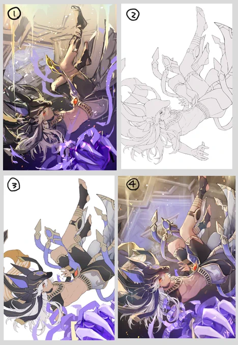 ①ラフ→②線画→③下塗り→④仕上げ、塗り込み 
