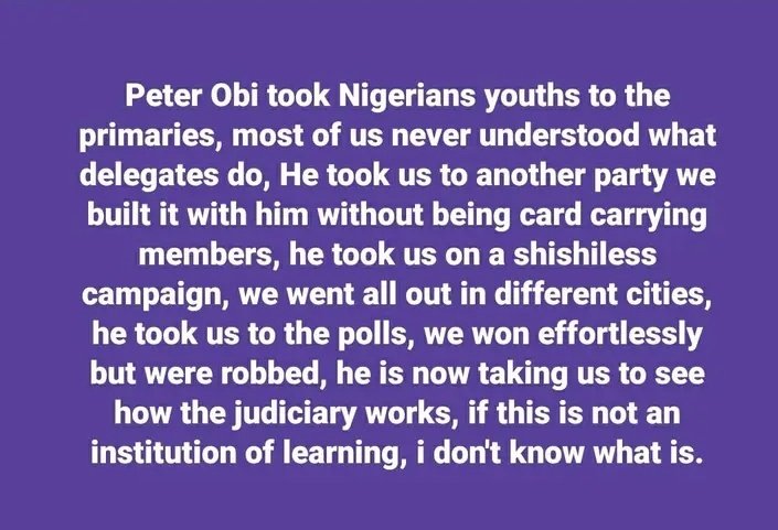 Absolutely amazing @PeterObi this is what Nigerian youths are saying about you ...Thank you .A new 🇳🇬 is still POssible #VoteLabourParty 4 all Gubernatorials #Obidients #elupee

Akin Alabi. Apologize. Protest. 
Appeal Court. Soludo. 19 States.