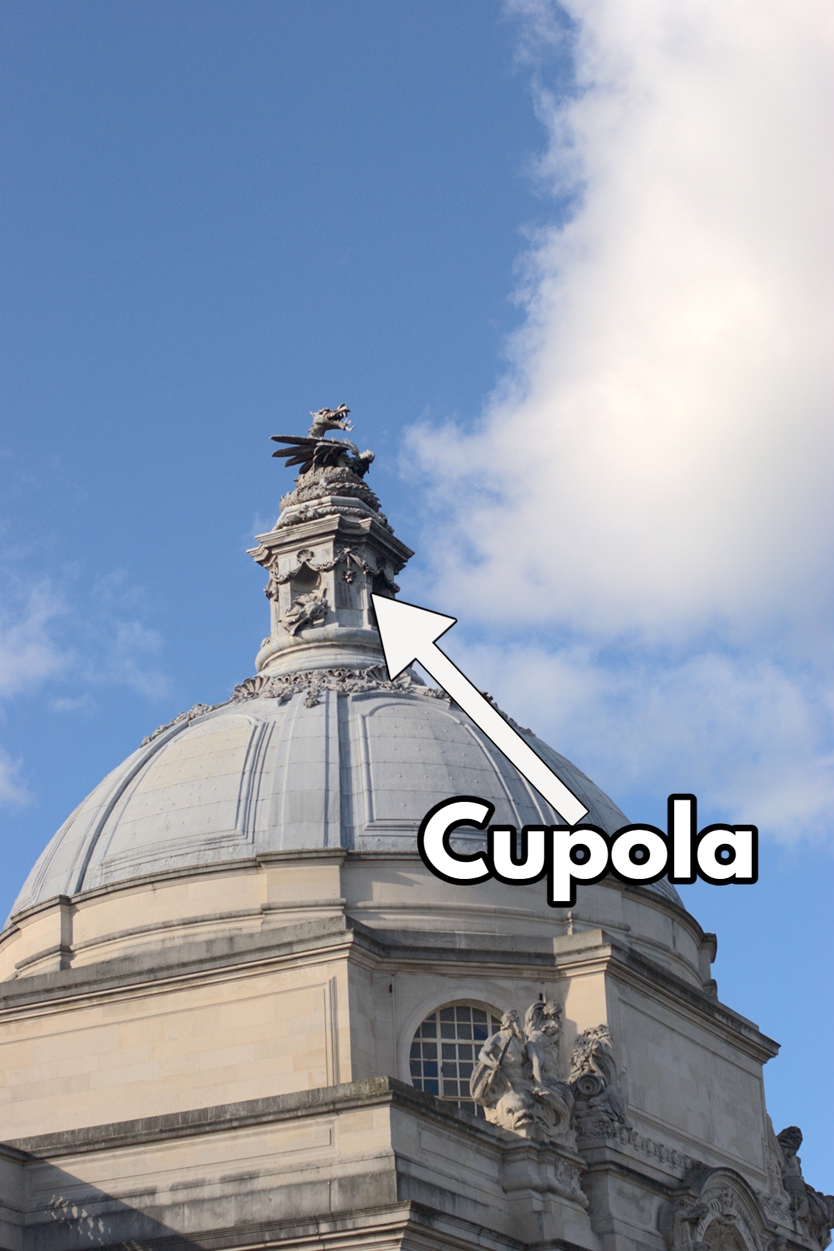 Cupola: small structure which usually lets light in, often dome-shaped but not always, on top of a l