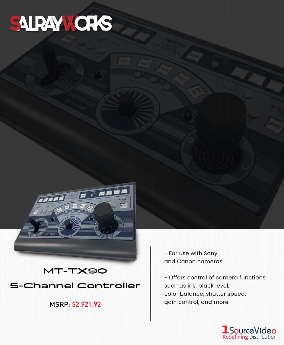 1sourcevideo's tweet photo. Salrayworks' MT-TX90 is a 5-channel controller for select Sony and Canon LANC cameras!
#Salrayworks #1SourceVideo #PTZcamera #cameracontroller #PTZcontroller #framerate #opticalzoom #recording #video #audio #pantiltzoom #filmequipment #RedefiningDistribution https://t.co/1nBYuAupIz