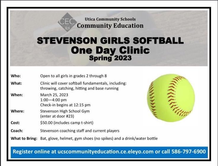 The Stevenson Softball Program is hosting a One Day Clinic for any girls in grades 2-8!

🗓️ March 25th, 2023
⏰ 1-4pm, check-in starts at 12:15pm
📍Stevenson High School 
💲$50, includes a camp T-shirt 
🌟Please bring a water, bat, glove, helmet, &amp; gym shoes
👇More info below!