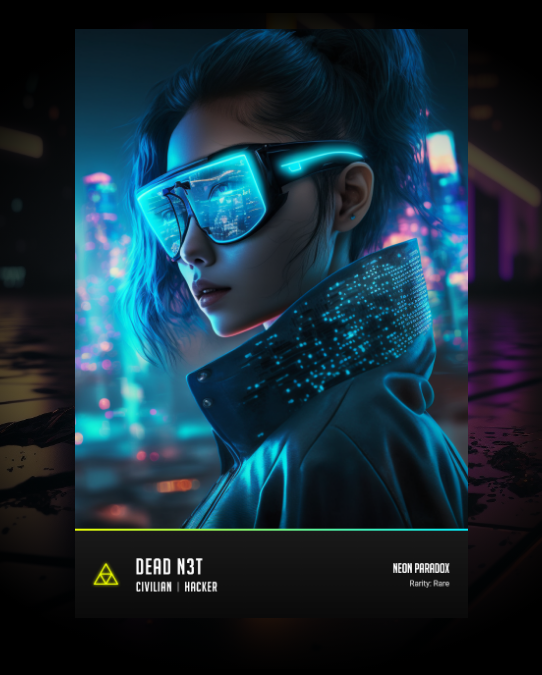 NeonParadoxNFT's tweet image. CARD OF THE DAY 

Name: Dead N3T
Class: Civilian
Subclass: Hacker
Rarity: Rare

With a cybernetic implant and an arsenal of cutting-edge tech, Dead N3T fights against the corrupt corporations and governments that control society. #codeispoetry #NFT