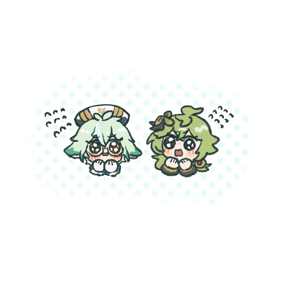 sucrose (genshin impact) multiple girls 2girls green hair glasses flying sweatdrops blush hat  illustration images