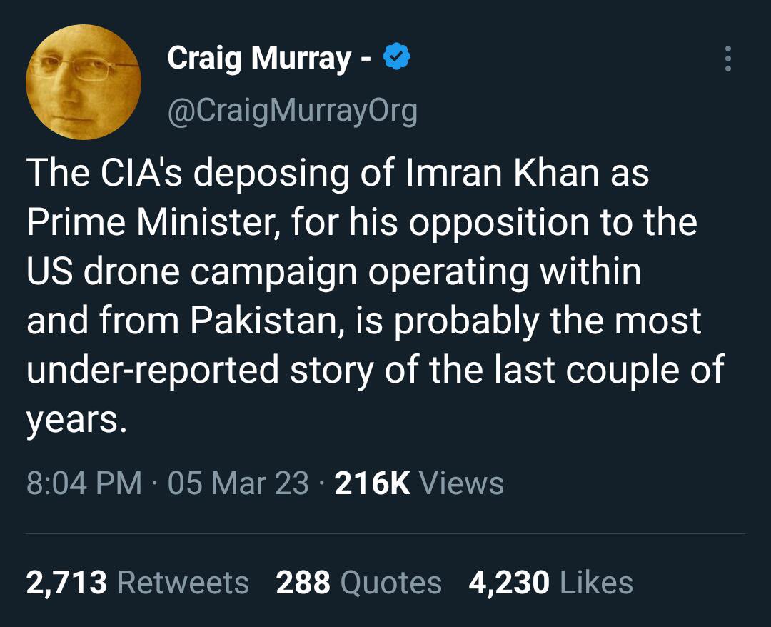 عمران خان کو امریکی سی آئی اے کی جانب سے ایک سازش کے تحت ہٹایا گیا ” سابق برطانوی سفیر  ،  مصنف، کریگ مرے کا بڑا دعویٰ
#ریڈلائن_کراس_مت_کرنا 
#سازشیوں_کی_کارکردگی 
 #عمران_خان_کی_جان_کو_خطرہ