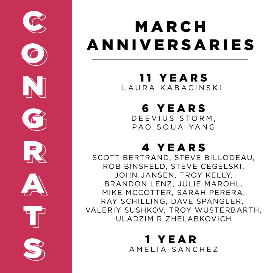 We are lucky to have these amazing people on our team! Congratulations to all of our March anniversaries. #letselevate