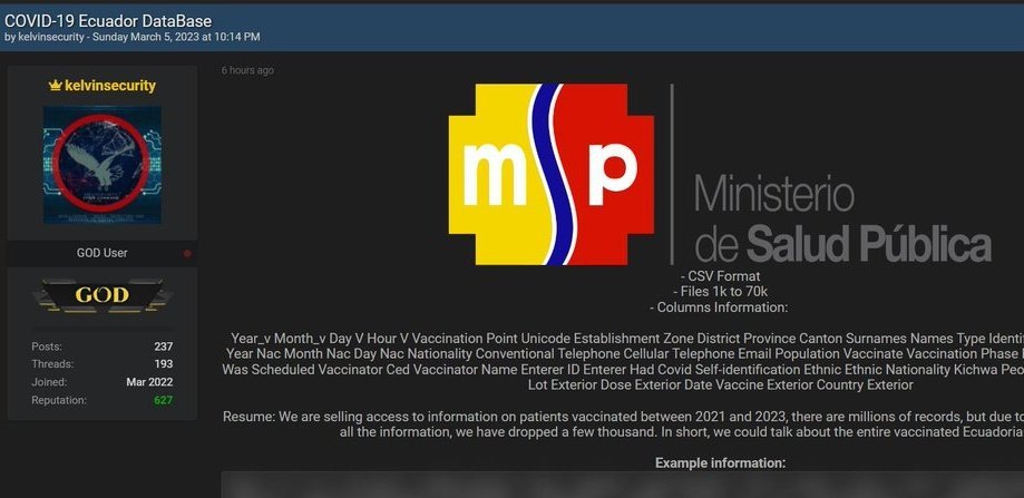 #AlertaDigitalEC
Se denuncia la venta en foro de hackers de base de datos de #COVID19 de #Ecuador del <a href="/Salud_Ec/">Ministerio de Salud Pública 🇪🇨</a>, incluiría datos como nombre, número de identificación, fecha de nacimiento y vacunación. Base similar fue cedida por el actual gobierno a cadenas de supermercados.
