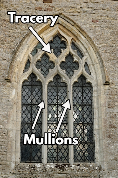 Mullions are the vertical dividing elements in windows, and tracery is the decorative, carved stonew