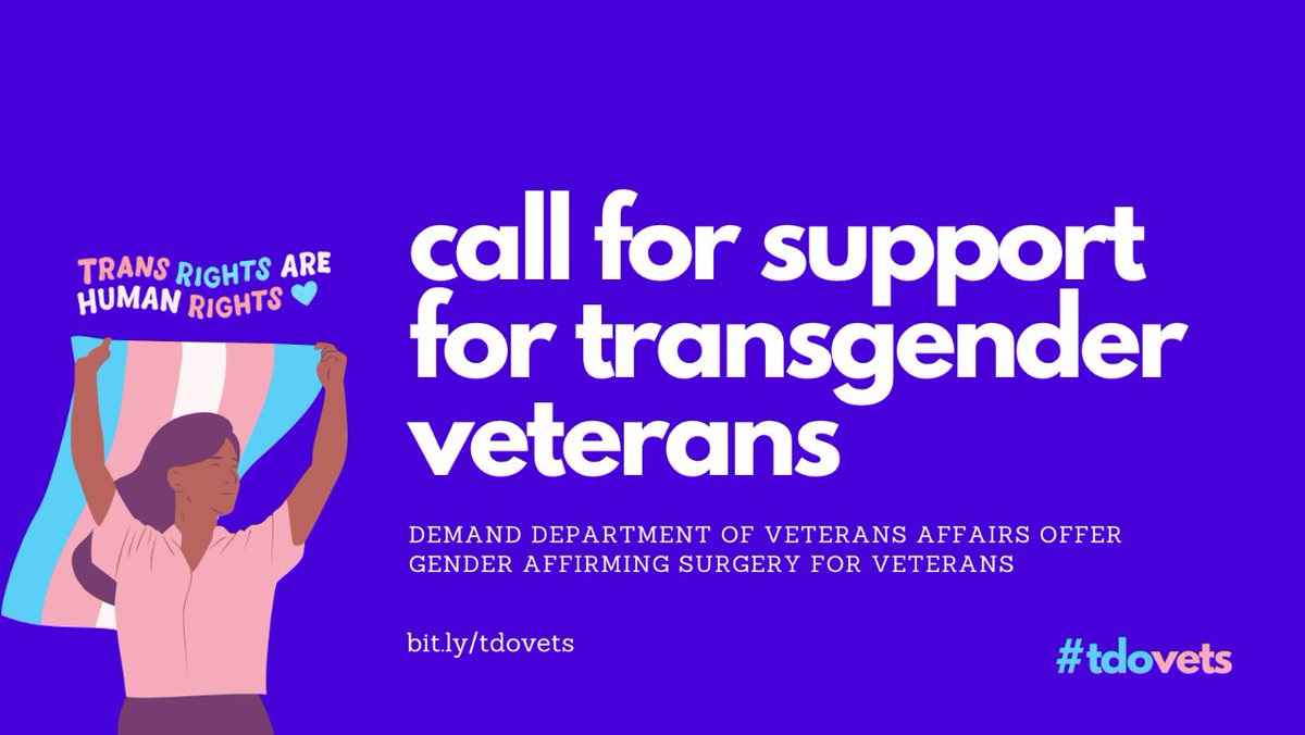 On June 19, 2021, @SecVetAffairs and @POTUS made a promise to remove the exclusion of gender affirming surgery through the @DeptVetAffairs. Nearly 2 years later, we’re still waiting. Demand VA provide equitable care to #transveterans, sign-on at bit.ly/tdovets! #TDOVets