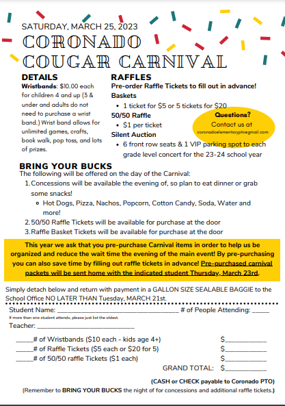 Coronado305PTO's tweet photo. Details of this year’s Coronado Cougar Carnival  come home today! 🎪💫

📅Mark your calendars for Sat. March 26th from 6-8pm.

Deadline for Pre-purchasing tickets is March 21st at 3:00pm.  Pre-purchased carnival packets will be sent  home March 23rd. 

See Below for Details. https://t.co/K05t0MiUon