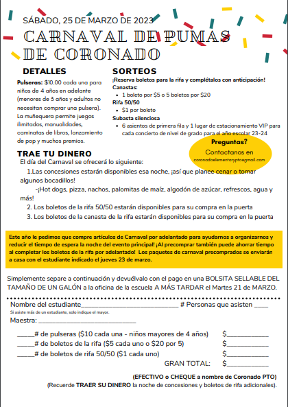 Details of this year’s Coronado Cougar Carnival  come home today! 🎪💫

📅Mark your calendars for Sat. March 26th from 6-8pm.

Deadline for Pre-purchasing tickets is March 21st at 3:00pm.  Pre-purchased carnival packets will be sent  home March 23rd. 

See Below for Details.