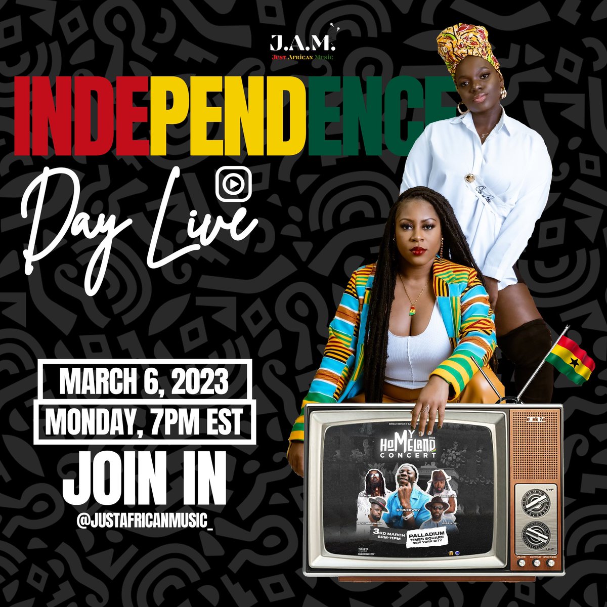 thegabbymack's tweet photo. Happy Independence Day to 🇬🇭🇬🇭🇬🇭
Join @Squeekss_ &amp; I tonight on @itzJAMent  as we talk all things Ghana 

#GhanaAt66 #GhanaIndependence #GhanaMusic https://t.co/n6YuueK2zK