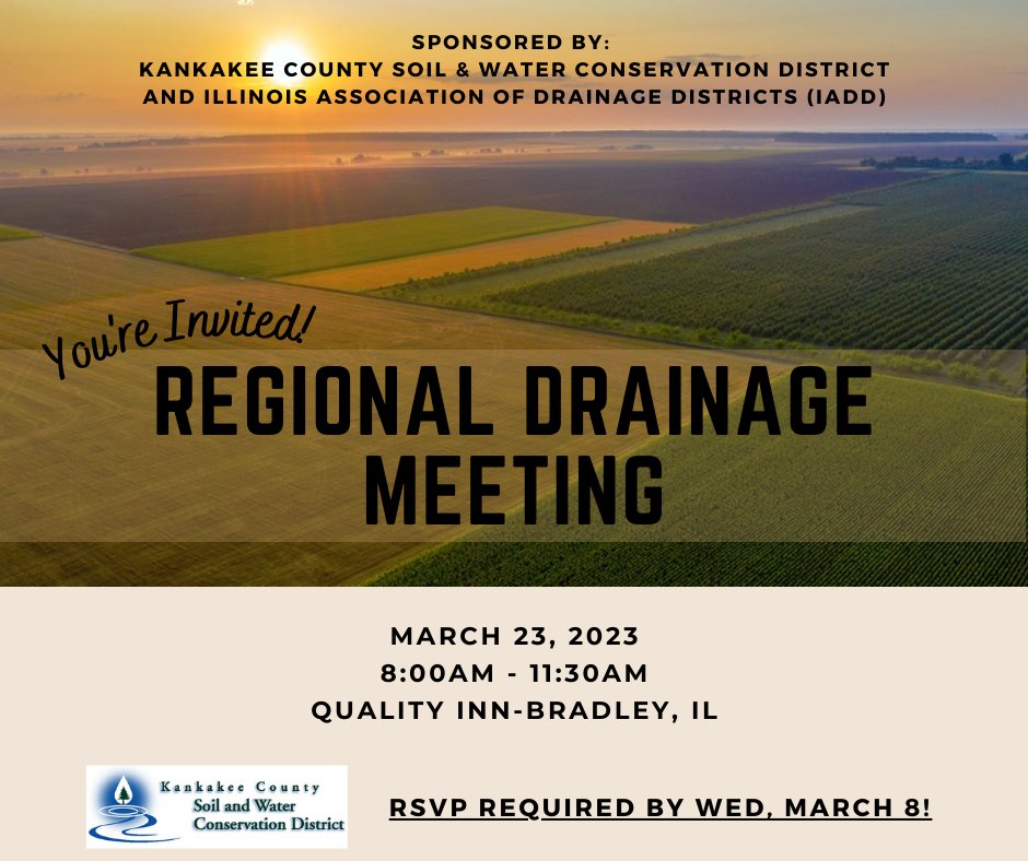 Join us for the Regional #Drainage Meeting on March 23rd! RSVP required by March 8th. There is no charge to attend and breakfast will be provided.
Topics Include: #Conservation Drainage/Edge of Field Practices, Working with #Wind &amp; #Solar Farms, and Commissioner Responsibilities.