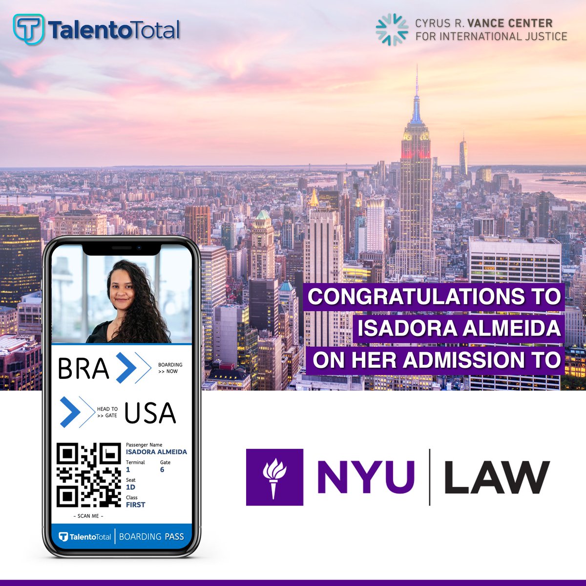 TalentoTotalOrg's tweet photo. Congratulations to Isadora Almeida, TotalLAW Prep Candidate Class of 2023, for being admitted to
@nyulaw
#TotalLAWPrep #NYU #CapitalMarkets #Courage #NewYorkCity #Bahia #Admitted #NYULaw #NYC #VanceCenter #LLM #Mergers #Acquisitions #TalentoTotal #Salvador #Demarest #NewYork https://t.co/dYFxnp7uos