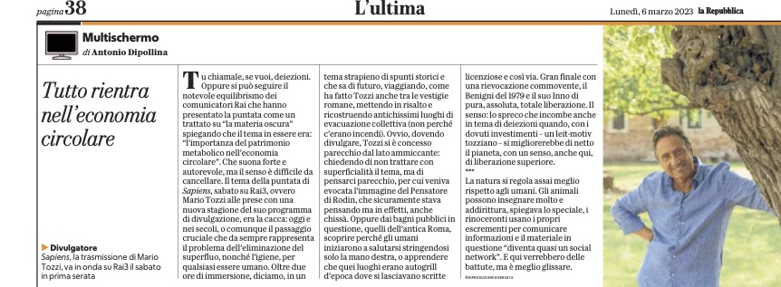 gfgiunta's tweet photo. La puntata di #sapiens sulla #cacca,  andata in onda sabato 4 marzo, si può rivedere su #raiplay (vale anche per chi se la fosse persa). Intanto, grazie ad #antoniodipollina per queste bellissime righe. Ogni tanto qualche piccola soddisfazione. Viva il #pensatore! 😁 https://t.co/07WiGgvvZY