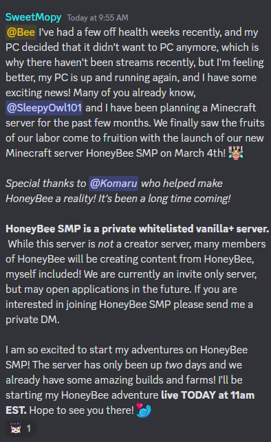 SweetMopy's tweet photo. Re-post from my discord. Going live @ 11AM TODAY from a brand spanking new Minecraft server HoneyBee SMP! Hope to see you there! 

https://t.co/r2zFMMyQCB https://t.co/wJmv69H7PI