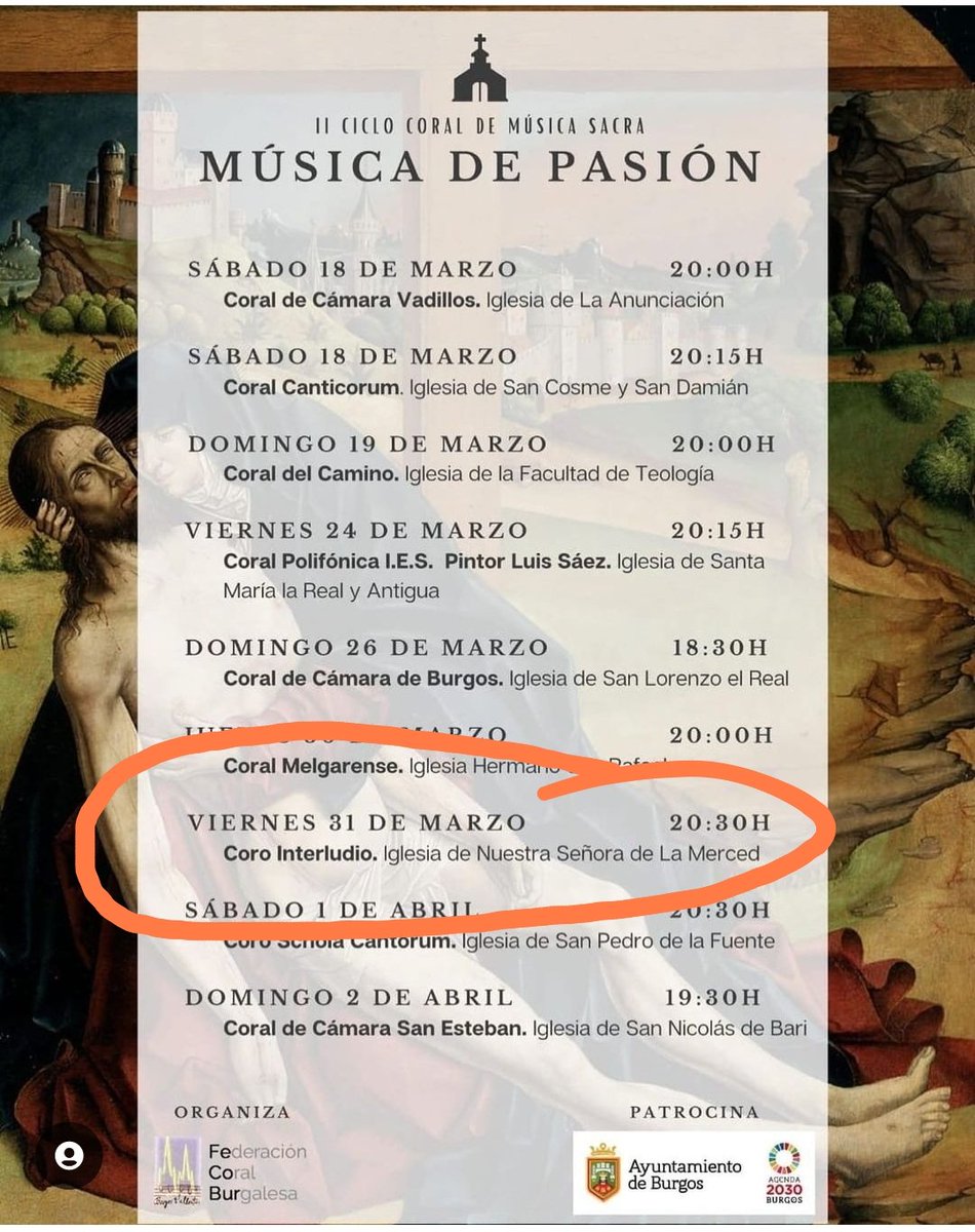 Este año participaremos de nuevo en el  Ciclo de Música Sacra, Música de Pasión, organizado por <a href="/fecobur/">Federación Coral Burgalesa</a> y <a href="/Aytoburgos/">Ayuntamiento de Burgos</a> 
El día 31 de marzo a las 20:30 en la Iglesia de Ntra.Sra. de la Merced en #Burgos . #SemanaSanta  #musicacoral