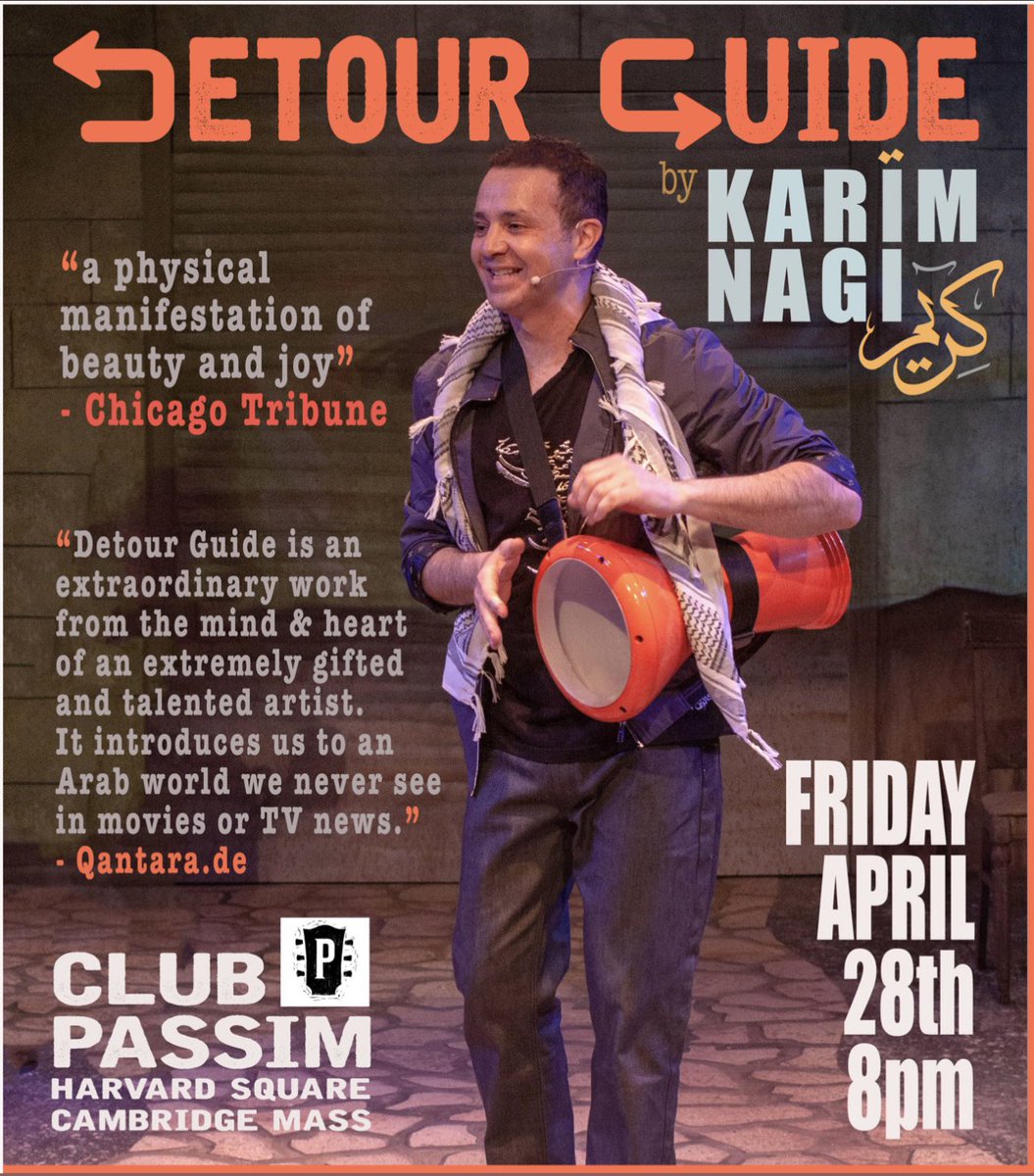 I will be performing Detour Guide near Boston on Friday April 28. This is my musical story tour of the Arab world &amp; diaspora where my songs Baladi TukTuk and Arab American Anthem emerged from. Passim is an iconic &amp; historic folk music venue that hosted luminaries like Bob Dylan.