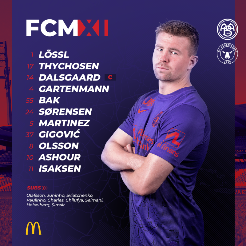 fcmidtjylland's tweet photo. Vores 𝗫𝗜 i Aalborg 💥

#AaBFCM