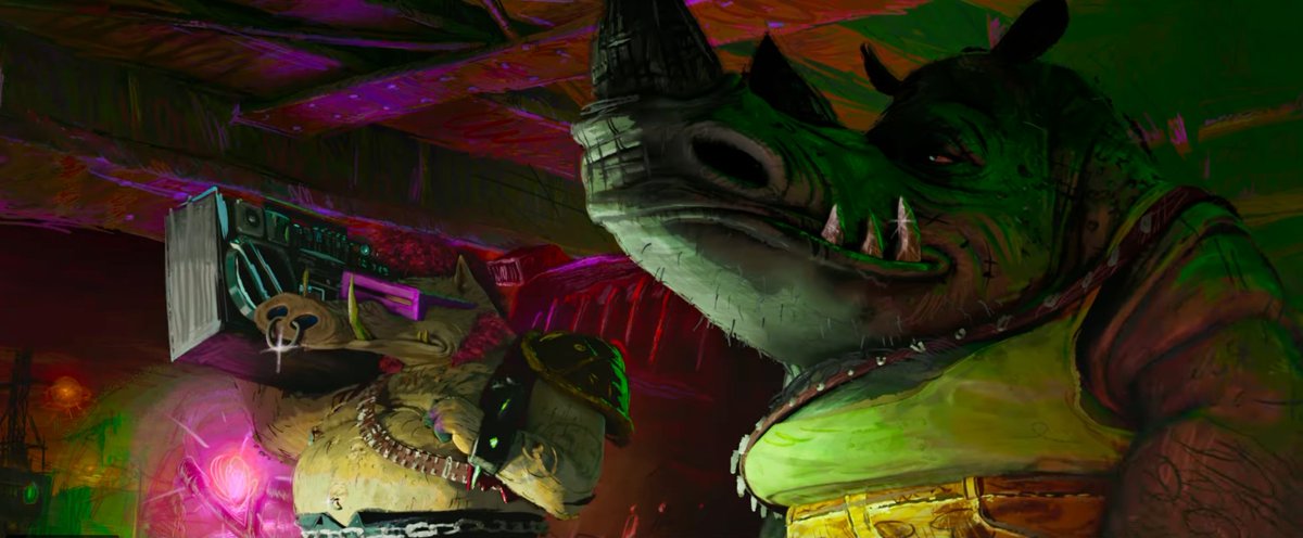 cartoonbrew's tweet photo. The lighting and painterly textures look more like style frames or color keys than finished frames from a film. Very impressed by the eye candy in the 'Mutant Mayhem' trailer. https://t.co/ZBa1E7sBpq