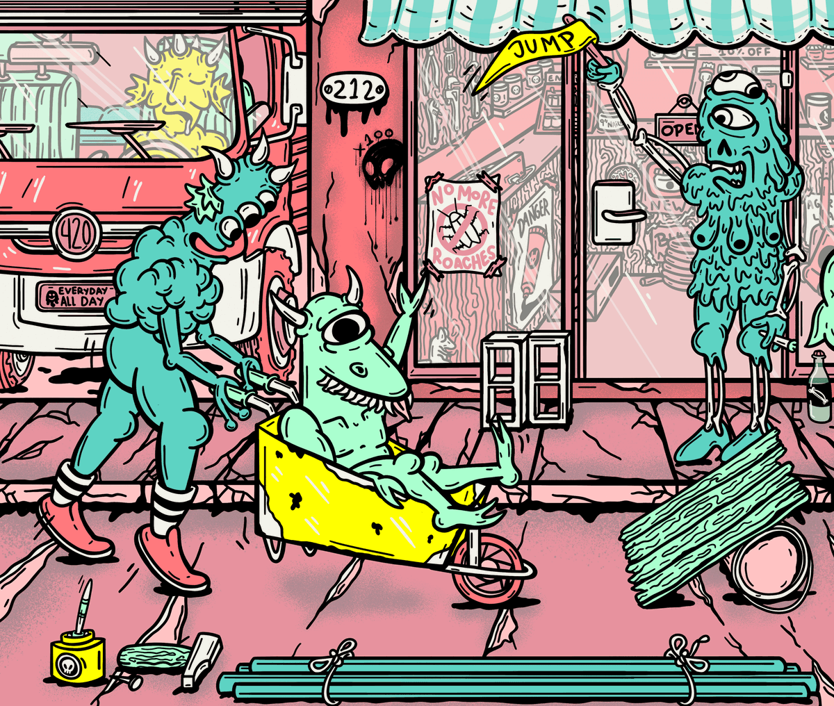 Here we go again 👽🛸 

*Safety first?* New piece of the ¨Achaval¨ collection is here, enjoy these characters and their ability to never work hard, which is all i want 😂

15 eds at 5.5 XTZ only on <a href="/objktcom/">objkt</a> 

🔗⬇️