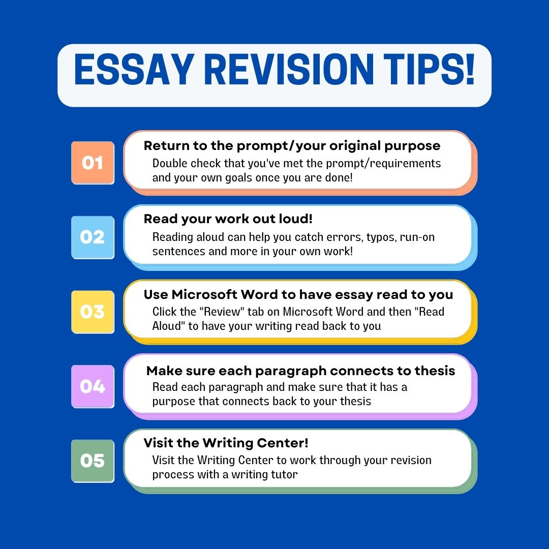 UMassWC's tweet photo. Dear UMass Writers,
Finished an essay but not sure how to start the revision process? Check out some tips for revising an essay here!
-The Writing Center https://t.co/2YD5dUO8dm