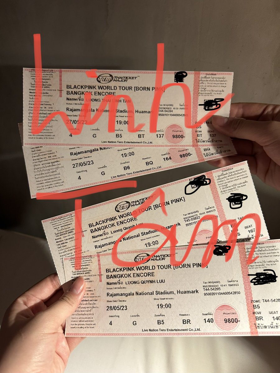 LinhTam30's tweet photo. Blackpink Encore ThaiLand
💢27th May:
Row LM- E2L (2 tickets)
Row BT- B5
Row BQ- B6
Row BR- B6
💢 28th May:
Row KG- E2K (2 tickets)
Row BR- B5
#wts #BLACKPINK_WORLDTOUR #BLACKPINKEncoreinBangkok https://t.co/UYc5GDe63p