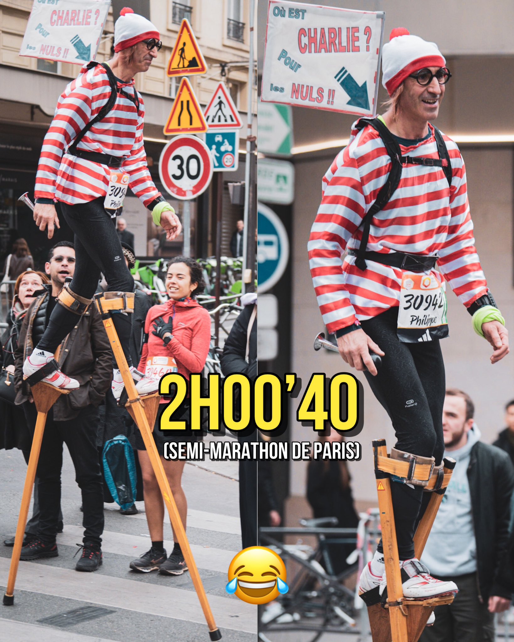 RUN'IX on X: 😝 L'info (insolite) du jour : 2H00.40 au semi-marathon de  Paris sur des échasses en bois ! Fantasque performance établie par Philippe  Graciette (🇫🇷) hier matin. 5:43/km de moyenne (