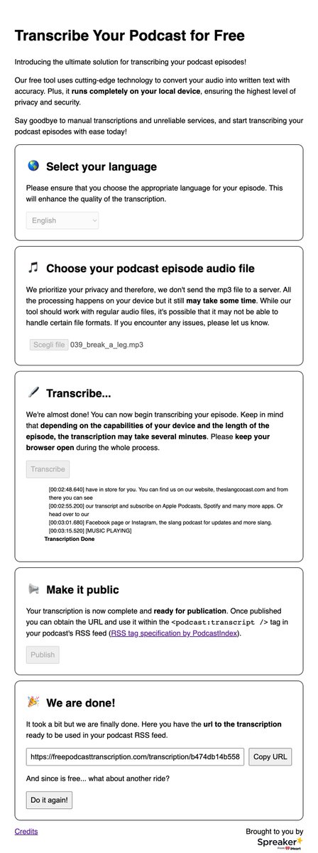 emanuele_r's tweet photo. At @spreaker we just released a small #free tool for  #podcast #transcriptions. Head to https://t.co/lYOLiahXe5 and give it a try!

🧵There are couple of things to keep in mind: https://t.co/WCE7FbBF72