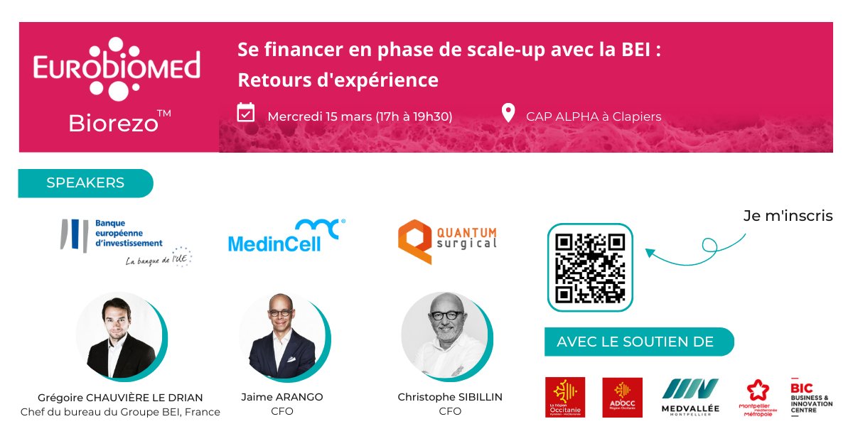 PoleEurobiomed's tweet photo. [RAPPEL🔔#Biorezo "Se Financer en phase de #scaleup avec la BEI: Retours d’expérience"]
💡Un évènement de #networking pas comme les autres vous attends le 15 mars à la pépinière d'entreprises CAP ALPHA, à Clapiers! 
Réservez votre place ici👉https://t.co/zfb89Hziqc https://t.co/kn1MDgoyMK